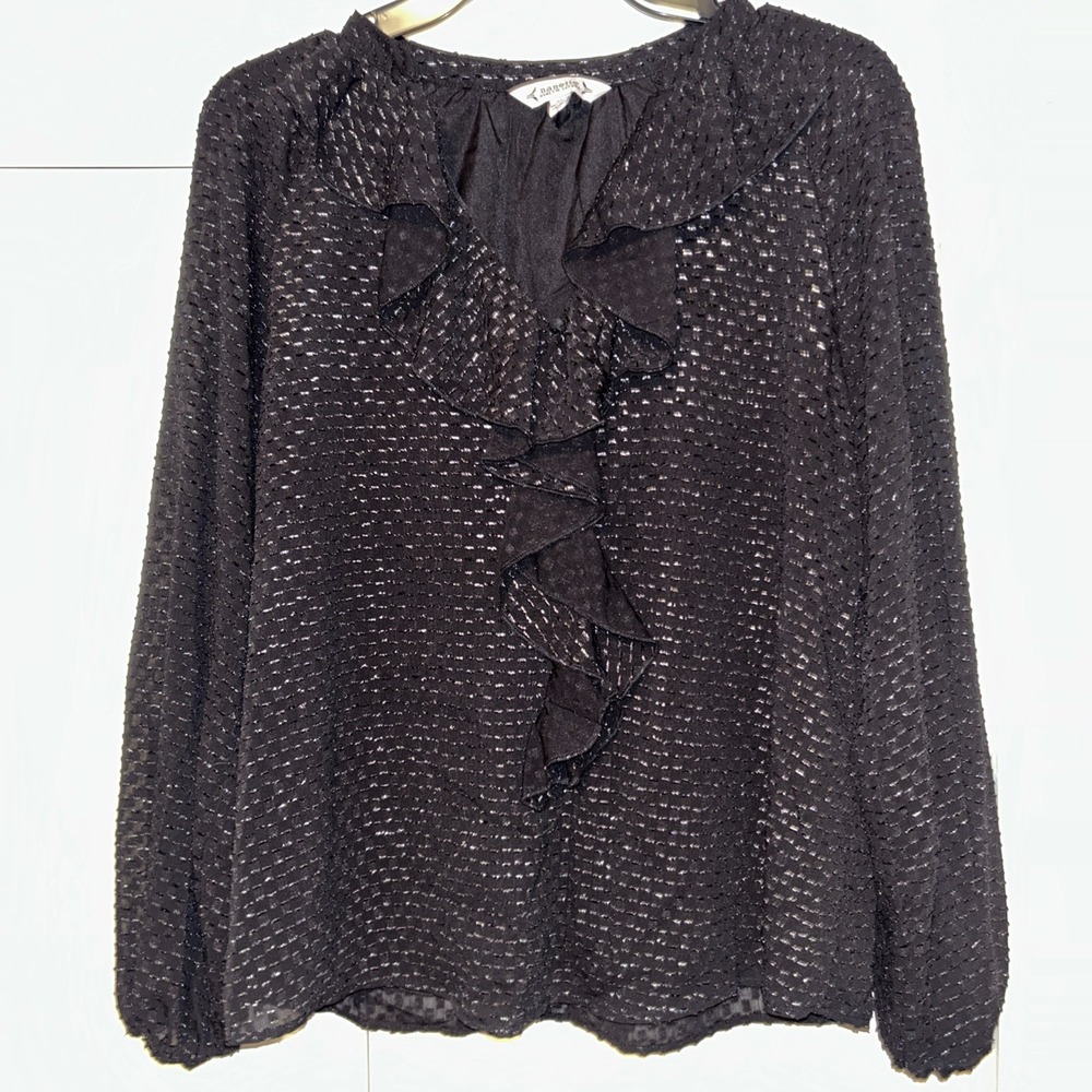 Nanette Lepore Women's Ruffle Front Top Blouse Long Sleeve Shimmer Size M Black